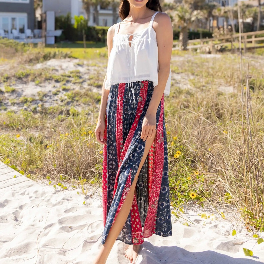 Natural Life Mix It Up Maxi Skirt - Navy Red Mixed Print.  Medium NWT